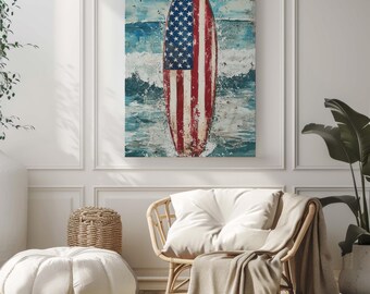 American Flag Surfboard Art Print: Patriotic Beach House Decor - Etsy