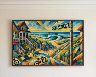 May include: A colorful abstract painting of a beach scene with a house, a street sign that reads "Ocean Ave", and two bicycles. The painting is done in a geometric style with bright colors and bold lines.