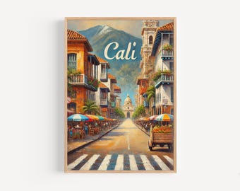 Pode incluir: Uma pintura colorida de uma cena de rua em Cali, Colômbia. A rua é ladeada por edifícios coloridos e palmeiras. Há pessoas caminhando pela rua e uma banca de frutas com um carrinho.