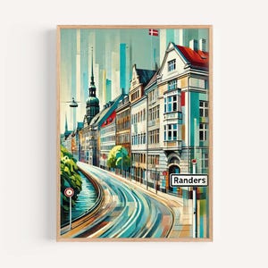 Impresión artística de Randers - Póster de viaje por la ciudad de Dinamarca, decoración europea para el hogar, regalo de inauguración de la casa, mapa de Randers, estilo escandinavo
