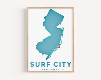 May include: A teal blue outline of the state of New Jersey with a red star marking the location of Surf City, New Jersey. The text "Surf City" and "New Jersey" is printed below the map.