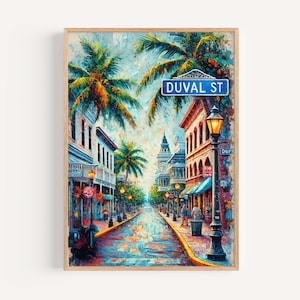 May include: A colourful painting of a street scene in a city with palm trees, buildings, and a street sign that reads "DUVAL ST."