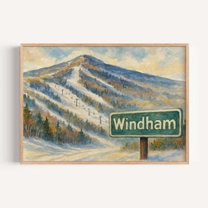 Könnte beinhalten: Aquarellmalerei einer Berg-Skigebietszene. Das Kunstwerk zeigt einen schneebedeckten Berg mit Skipisten und einem Schild mit der Aufschrift "Windham". Das Gemälde ist in einem hellen Holzrahmen gerahmt.