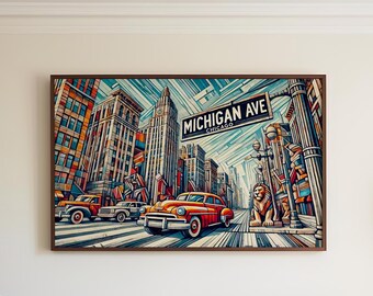 Michigan Avenue Cubism Art Print: Chicago Travel Poster