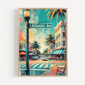 May include: A colorful painting of a street scene in a tropical city. The street is lined with palm trees and buildings with colorful awnings. A street sign reads "Atlantic Ave".