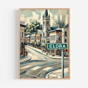 Art mural Elora impression affiche de voyage Ontario Canada cadeau souvenir canadien pendaison de crémaillère décoration vintage style carte