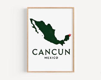 May include: A green outline of Mexico with a red star marking the location of Cancun. The text "CANCUN MEXICO" is printed below the map.