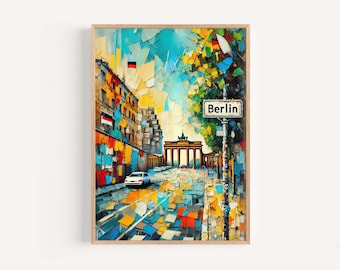 May include: A colorful painting of a street scene in Berlin, Germany. The painting features a view of the Brandenburg Gate, a street lined with buildings, and a sign that reads "Berlin".