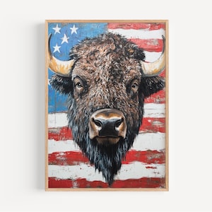 愛国的なバイソンプリント：抽象的なアメリカ国旗の壁アート