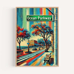 Arte mural de Ocean Parkway, impresión de Ocean Parkway, arte de Brooklyn, regalo de Brooklyn, impresión de viaje, póster de viaje, regalo de inauguración de la casa, obra de arte de Nueva York
