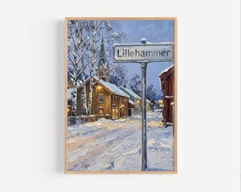 Lillehammer Oil Painting Art Print: Norway Winter Street Sign Travel Poster