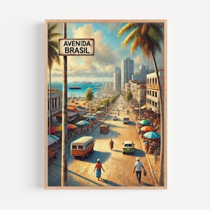 May include: A framed print of a street scene in Brazil, featuring a sign that reads "AVENIDA BRASIL." The artwork depicts a sunny day with palm trees, buildings, and people walking along the road. The color palette includes blues, greens, and yellows.