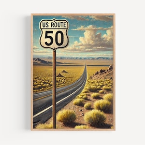 US Route 50 muurkunst Nevada print reisposter Amerikaanse wegenkaart decor housewarmingcadeau