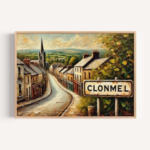 Impression d&#39;art Clonmel - affiche de voyage en Irlande, art mural Clonmel, cadeau ville européenne, décoration de pendaison de crémaillère, illustration d&#39;art unique en Irlande