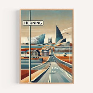 Puede incluir: Una impresión artística enmarcada que presenta una ilustración estilizada de una ciudad con una carretera que conduce a la arquitectura moderna. El letrero de la calle dice "HERNING". La paleta de colores incluye tonos de azul, naranja y marrón, creando una estética retro.