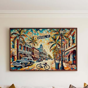 May include: A colourful mosaic-style painting depicting a street scene in Key West, Florida. The painting features palm trees, a vintage car, a bicycle, and a street sign that reads "DUVAL ST."