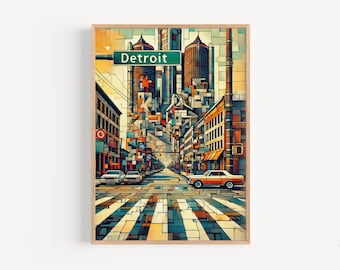 Detroit Street Art Print: Cubism-Inspired Michigan Travel Poster