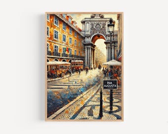 Rua Augusta Lissabon-tryck: Portugal-reseaffisch, vibrerande stadslandskap