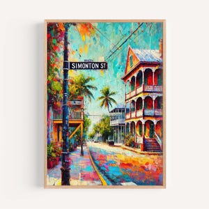 Puede incluir: Una pintura colorida de una escena callejera en Key West, Florida. El letrero de la calle dice "Simonton St." y hay palmeras y edificios coloridos en el fondo.