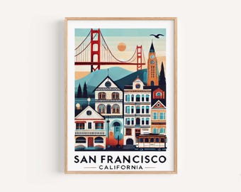 May include: A colorful illustration of San Francisco, California, featuring the Golden Gate Bridge, a cable car, and a cityscape with buildings in various styles.