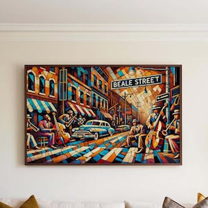 Pode incluir: Uma pintura colorida que retrata uma cena de rua em Memphis, Tennessee. A pintura apresenta uma rua com edifícios, um carro e pessoas tocando música. A placa acima da rua diz "BEALE STREET".