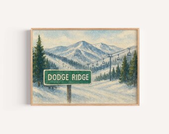 Puede incluir: Pintura a la acuarela de un paisaje montañoso nevado con un telesilla y árboles de hoja perenne. Un letrero verde dice "Dodge Ridge". La obra de arte está enmarcada en un marco de madera clara.