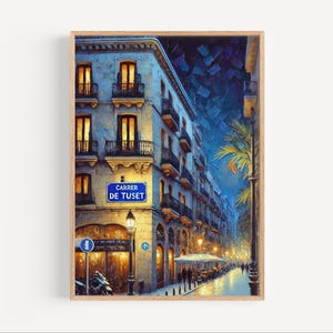 May include: A framed print of a European street scene at night. The artwork depicts a multi-story building with lit windows and balconies. A blue street sign reads "Carrer de Tuset". The scene is illuminated by streetlights and has a painterly style.