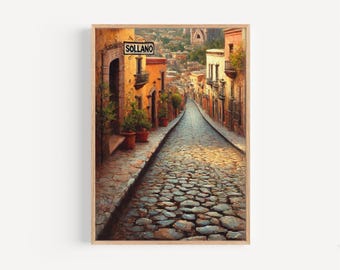 Arte mural de San Miguel de Allende, lámina de la Calle Sollano, acuarela mexicana, arte popular mexicano, lámina de viaje, póster de viaje, regalo de inauguración de casa
