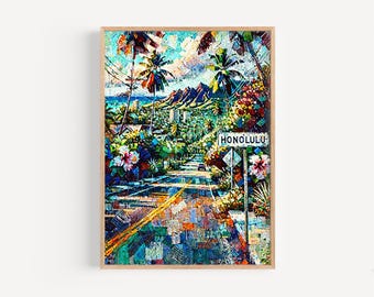 Impressão artística da placa de rua de Honolulu: pôster de viagem para o Havaí