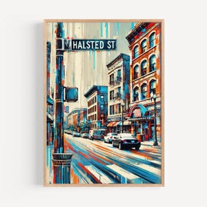 Puede incluir: Una pintura colorida de una escena de calle de la ciudad con un letrero de calle que dice "HALSTED ST". La calle está bordeada de edificios y los coches conducen por la calle. La pintura está hecha en un estilo que se asemeja a una acuarela.