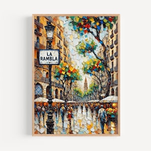 Puede incluir: Una impresión artística enmarcada de una vibrante escena callejera en Barcelona, España. La obra de arte representa una calle bulliciosa con árboles coloridos, edificios y peatones. Un letrero de la calle dice "LA RAMBLA". La pintura tiene una textura de mosaico y una paleta de colores cálidos.