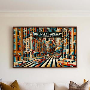 Chicago Travel Poster Cubism Wall Art Print - Diversey Parkway Illinois Gift & Housewarming Decor