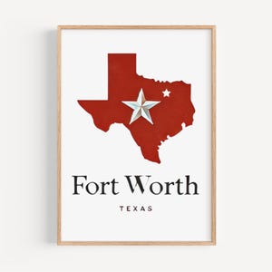 May include: A red outline of the state of Texas with a white star in the center and the text "Fort Worth, Texas" below.
