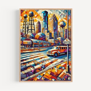 Houston Wall Art Print - Texas reisposter, souvenir VS, housewarmingcadeau, decor Houston, kaartkunst Texas, skyline van de stad illustratie