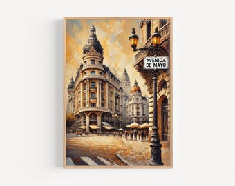 May include: A framed watercolor painting of a city street scene. The artwork depicts ornate buildings with domed roofs, a street sign reading "AVENIDA DE MAYO", and a vintage street lamp. The color palette includes warm tones of gold, brown, and orange.