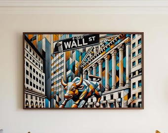 Arte mural de Wall Street, impresión cubista de Wall Street, arte cubista de Manhattan, regalo del distrito financiero, impresión de viaje, póster de viaje, arte de inauguración de la casa
