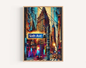 Lámina artística de la Sexta Avenida de Nueva York: Póster de viaje de Manhattan