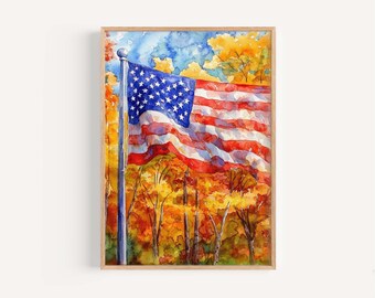 American Flag Watercolor Art Print: Patriotic Home Decor
