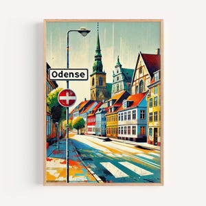 Lámina artística de Odense: póster de viaje a Dinamarca, regalo de ciudad europea, decoración de inauguración, arte mural escandinavo, ilustración del mapa de Odense