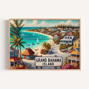 May include: A framed watercolor painting of Grand Bahama Island. The artwork depicts a coastal town with colorful buildings, palm trees, and a turquoise ocean. A sign reads "Grand Bahama Island."