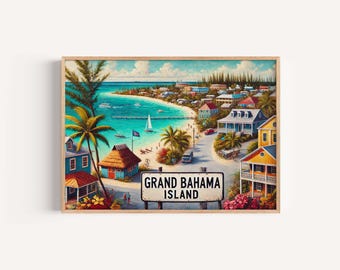 Lámina artística de la isla de Gran Bahama, decoración costera tropical de playa.