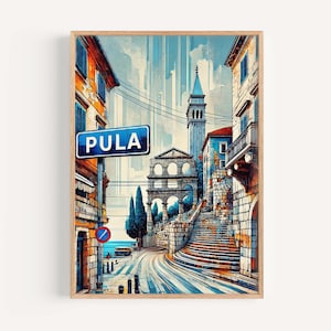 Pula Art Wall Print - Kroatische stadsreisposter, Europa Home Decor, housewarmingcadeau, Pula-reiskaart, kunst aan de kust van Kroatië