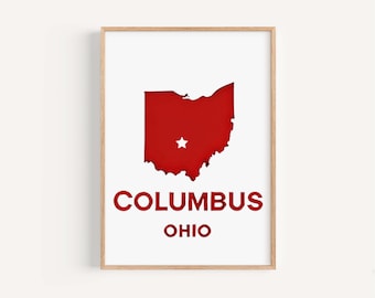May include: A red outline of the state of Ohio with a white star in the center. The words "COLUMBUS OHIO" are printed in red below the state outline.