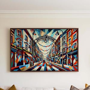 Stampa cubista di Carnaby Street Wall Art - Poster turistico di Londra, arte moderna della città, regalo di inaugurazione della casa, arredamento per la casa nel Regno Unito, opera d'arte in stile urbano