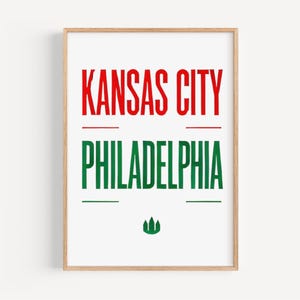 Art mural Kansas City VS Philadelphie, impression de Kansas City, art de Philadelphie, impression rivale, décoration d'intérieur, cadeau de pendaison de crémaillère, art mural collège