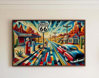 Route 66 Cubist Art Print: Vintage Travel Poster