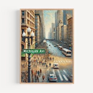 Chicago Michigan Ave Wall Art Print - Travel Poster, Illinois Gift, Chicago Decor, Housewarming & Cityscape Art, Perfect for Home or Office