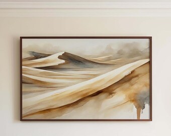 May include: Abstract watercolor painting of a desert landscape in shades of brown, beige, and gray. The painting depicts rolling sand dunes with a soft, ethereal quality.