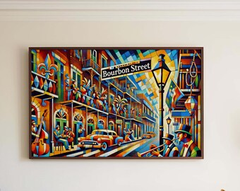 Impresión artística cubista de Bourbon Street: póster de viaje a Nueva Orleans