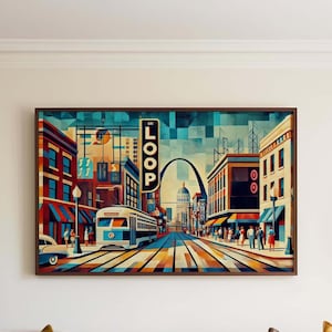 Może przedstawiać: Ilustracja w stylu retro przedstawiająca uliczną scenę miejską z zabytkowym tramwajem, budynkami i ikonicznym Gateway Arch w St. Louis w stanie Missouri. Ilustracja charakteryzuje się żywą paletą kolorów i geometrycznym wzorem.